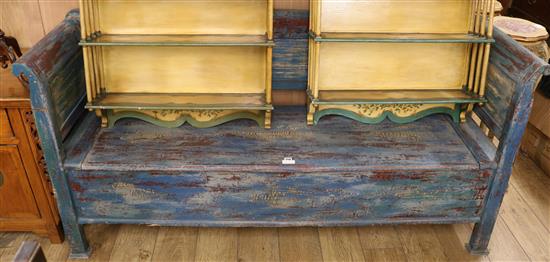 An Indian blue painted box seat settle, W.6ft 6in.